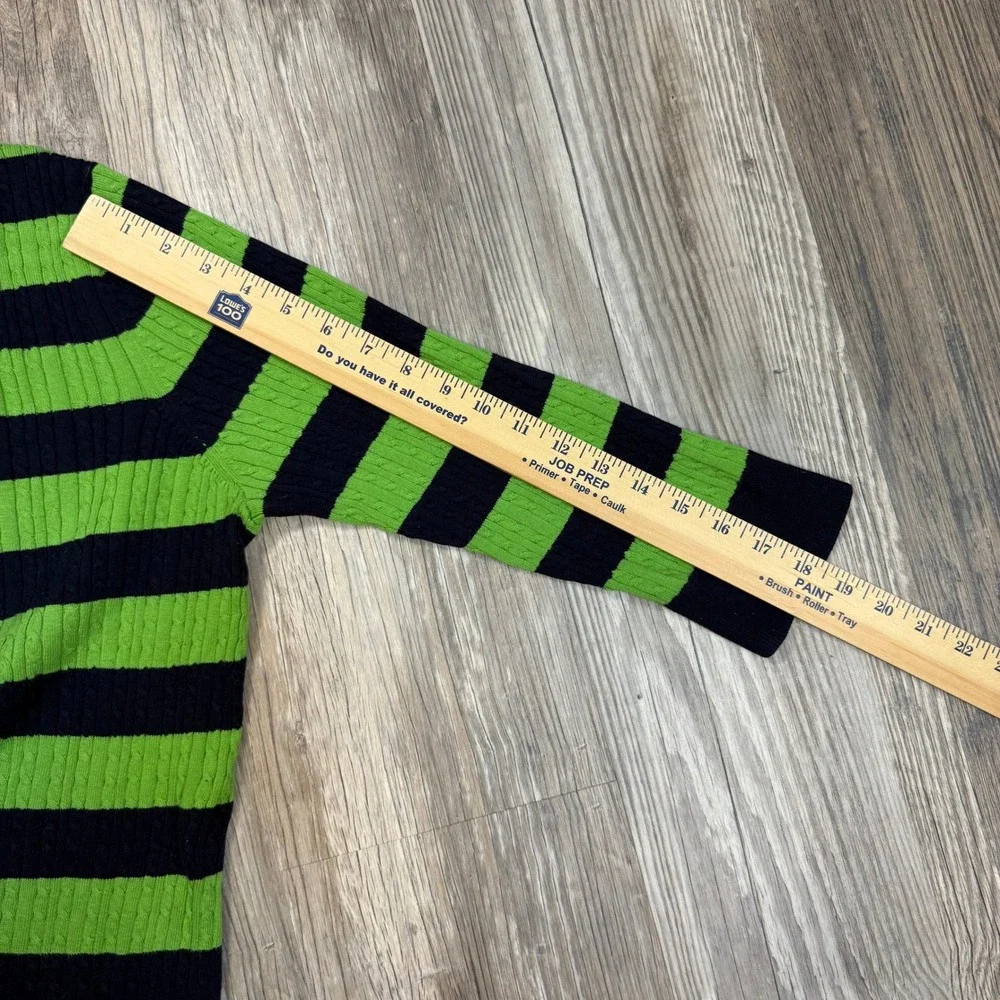 Talbots XL Nautical Prep Navy Blue Lime Green Striped Cable Knit Cotton Cardigan